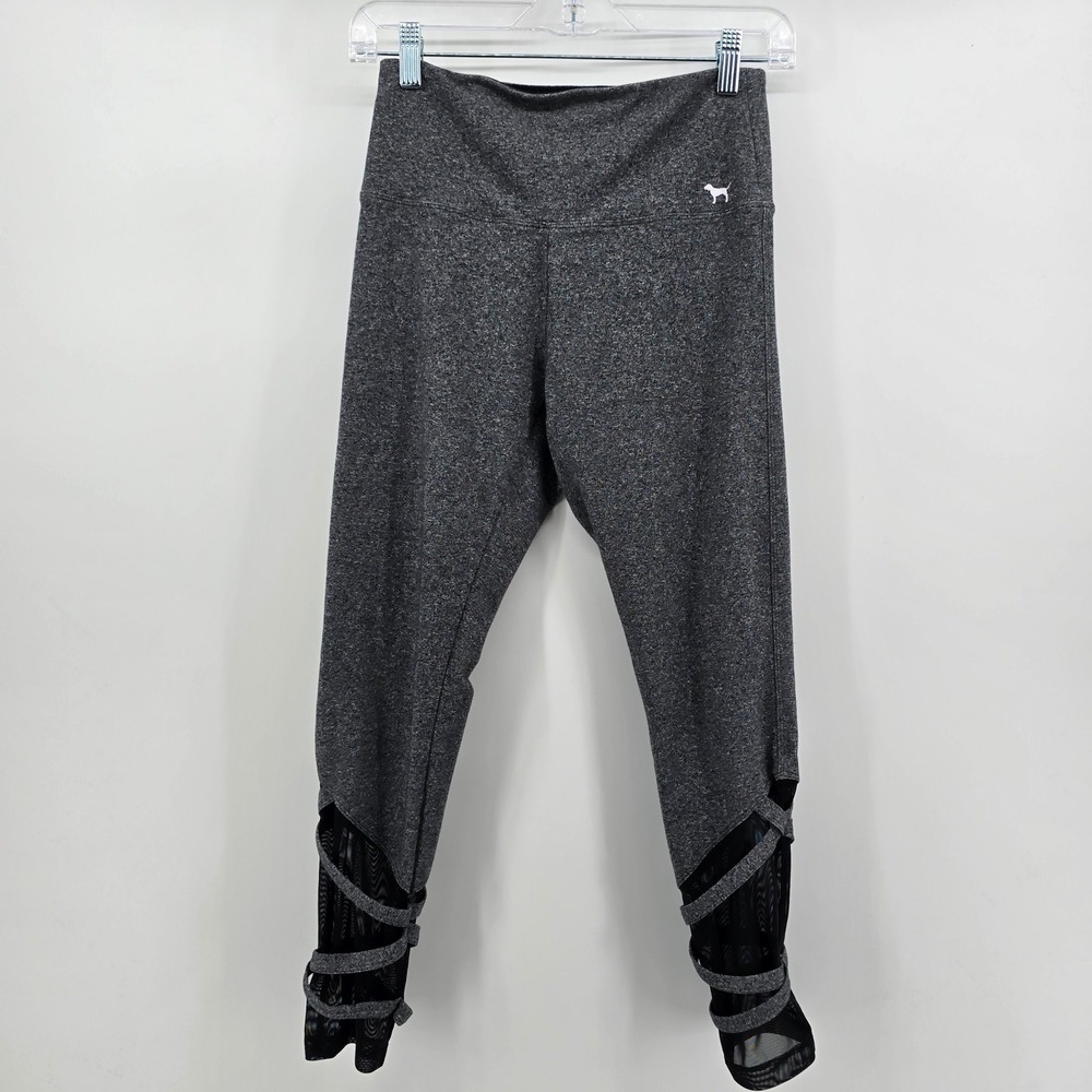 Victorias Secret PINK Yoga Leggings Womens M Gray Mesh Strap Capri Activewear